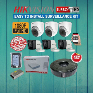 Hikvision 6 HD 1080P Full HD 2MP CCTV Cameras Complete System Kit-100M Rg59 Cable, 8 Channel DVR Machine & 500 Harddisk