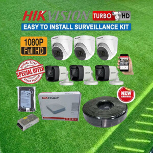 Hikvision 6 HD 1080P Full HD 2MP CCTV Cameras Complete System Kit-200M Rg59 Cable, 8 Channel DVR Machine & 1TB Harddisk